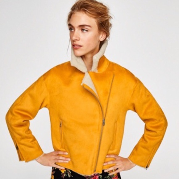 ZARA Basics | Faux Suede Shearling Sherpa Sunflower Moto Jacket womens small - Picture 1 of 7